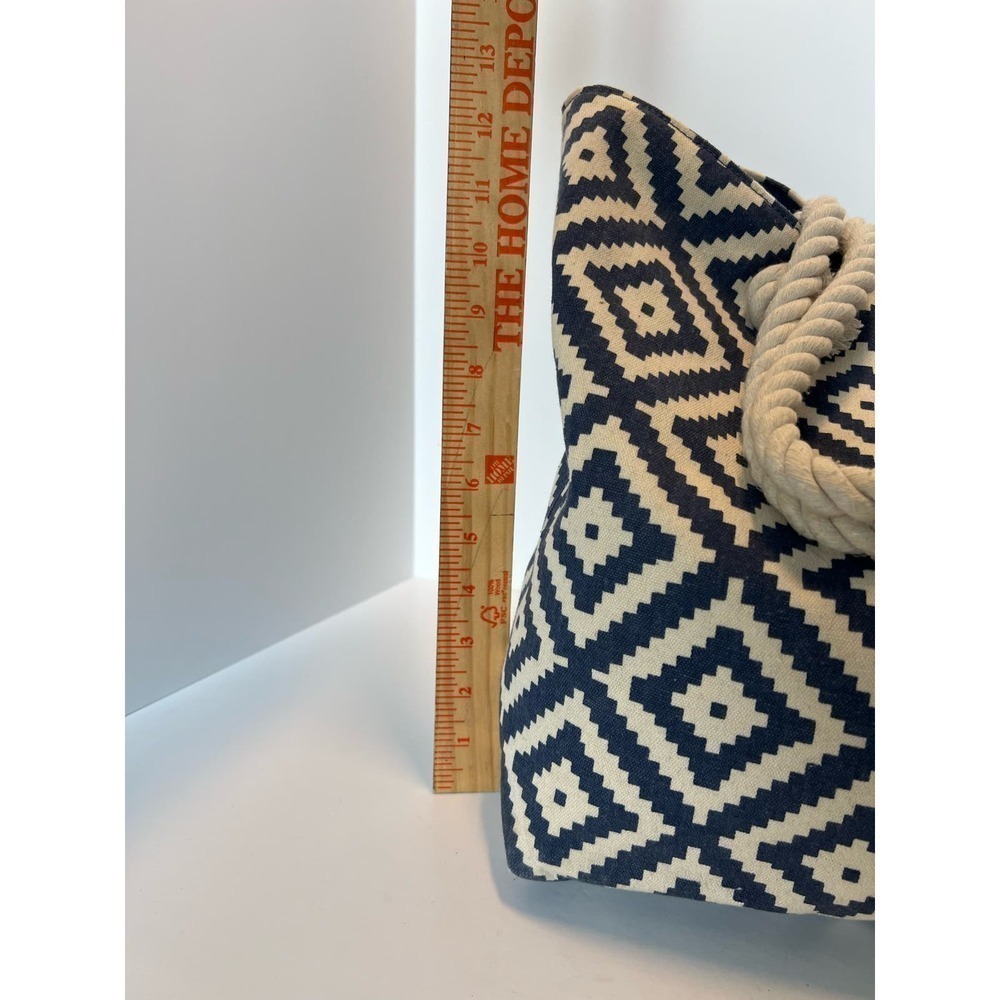 Summer & Rose Nautical Tote, Geometric Pattern, Rope Handles, Blue & White - Picture 8 of 16